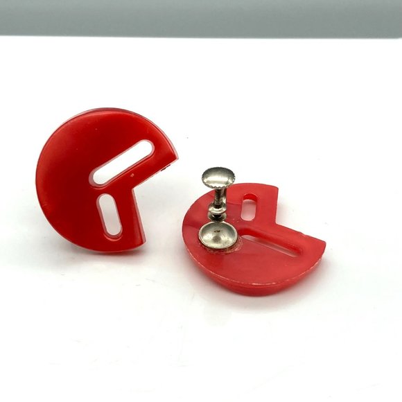Oh So 80s Retro Mod Earrings, Red Moonglow Lucite with Fun Cutouts - Picture 5 of 5